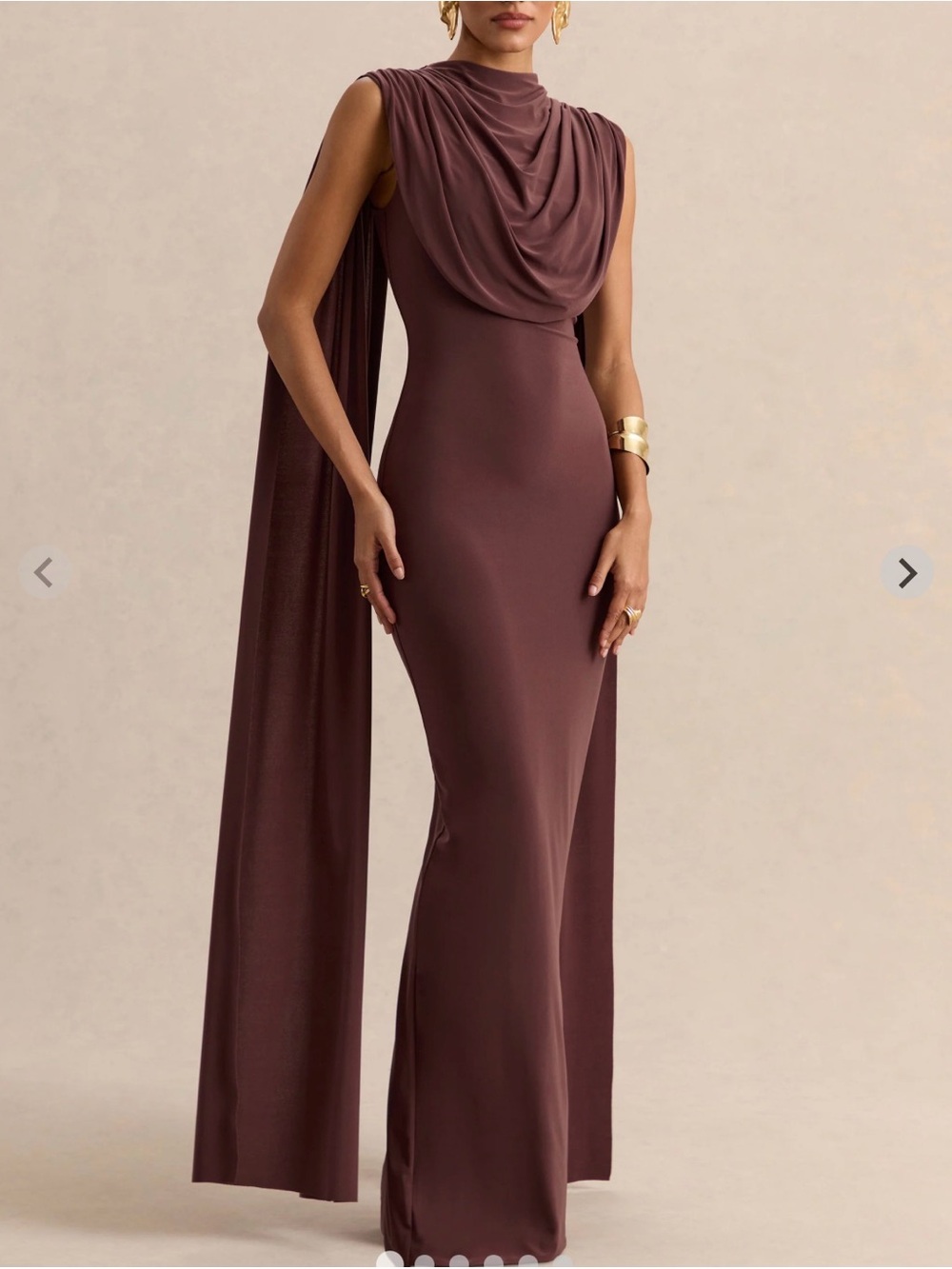 Brown High-Neck Maxi Dress With Draped-Detailing And Cape-Sleeves
